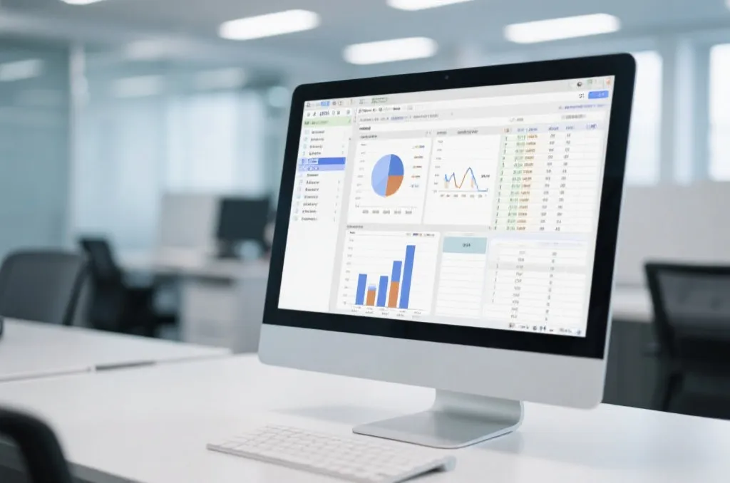 Modern office workspace with an Excel spreadsheet on screen showing neat statistical data charts